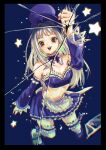  1girl 7lgr1ju19b34685 apron arm_up bare_shoulders blue_background blue_bow blue_hat blue_shoes blue_skirt blue_sleeves bow breasts capcom_fighting_jam commentary_request crack detached_sleeves fourth_wall frilled_skirt frills full_body hat highres ingrid_(capcom) ingrid_(midnight_bliss)_(capcom) long_hair looking_at_viewer midnight_bliss miniskirt official_alternate_costume open_mouth pleated_skirt red_eyes red_nails shoes skirt small_breasts smile solo star_(symbol) stomach street_fighter street_fighter_6 teeth thighhighs upper_teeth_only waist_apron white_apron white_hair white_thighhighs 
