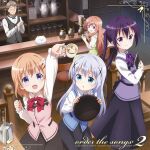  1boy 4girls :d :o album_cover angora_rabbit arm_up black_skirt blue_eyes blue_hair blue_vest bow bowtie brown_hair cafe closed_eyes coffee coffee_pot copyright_name cover cup gochuumon_wa_usagi_desu_ka? hair_ornament hairclip highres holding hoto_cocoa hoto_mocha indoors kafuu_chino kafuu_takahiro long_hair long_sleeves looking_at_viewer menu multiple_girls official_art open_mouth orange_hair purple_bow purple_bowtie purple_eyes purple_hair purple_vest rabbit rabbit_house_uniform red_bow red_bowtie shirt short_hair skirt smile teacup teapot tedeza_rize tippy_(gochiusa) tray twintails vest waitress white_shirt wooden_floor x_hair_ornament 