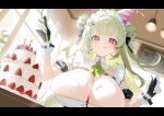  1girl absurdres antenna_hair arm_cuffs ascot birthday_cake black_gloves black_ribbon blush breasts cake candle ceiling chalkboard chest_strap cleavage commentary_request detached_collar double_bun food food_on_body food_on_breasts frills fruit gloves goddess_of_victory:_nikke green_ascot green_hair hair_bun hair_ornament hair_ribbon hanging_light hat highres holding huge_breasts indoors kotha_art letterboxed licking_lips maid maid_headdress multicolored_gloves party_hat purple_eyes ribbon shirt soda_(nikke) solo strawberry tongue tongue_out two-tone_gloves white_gloves white_shirt window 