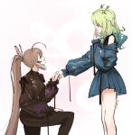  2girls absurdres antlers bare_shoulders black_dress blue_dress breasts brown_hair ceres_fauna closed_eyes dress elisbian high_ponytail highres hololive hololive_english horns large_breasts long_hair medium_hair multiple_girls nanashi_mumei ponytail simple_background upper_body virtual_youtuber white_background 
