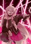  1girl :d ahoge black_shirt blonde_hair braid commentary_request highres holding holding_microphone ia_(vocaloid) long_hair microphone miniskirt oisiiidoo on_one_knee outstretched_arm pink_skirt pleated_skirt purple_eyes shirt skirt smile solo stage_lights twin_braids very_long_hair vocaloid 