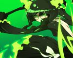  1girl black_dress black_hair black_rock_shooter commentary_request dead_master demon_girl demon_horns dress green_eyes holding holding_scythe holding_weapon horns kakikukeko looking_at_viewer scythe short_hair_with_long_locks solo weapon 