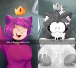 animal_humanoid before_and_after big_breasts black_hair bodily_fluids breasts cat_humanoid clothing crown cum cum_on_face english_text felid felid_humanoid feline feline_humanoid female genital_fluids hair headgear hi_res humanoid mammal mammal_humanoid purple_hair rabbit5gamer shocked smile solo sweater text topwear