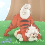  :3 anthro big_breasts blush breasts breasts_on_ground fangs female grass hair_over_eyes hi_res hisuian_growlithe huge_breasts jack-o&#039;_pose nintendo nude orions-tipp plant pok&eacute;mon pok&eacute;mon_(species) pose solo video_games 