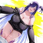  1girl all_fours artist_name baige0 bandaid bandaid_on_leg bare_shoulders black_sweater breasts brown_dust_(series) brown_dust_2 cleavage collarbone commentary_request hair_ornament hair_over_one_eye heart large_breasts long_hair looking_at_viewer multicolored_hair off-shoulder_sweater off_shoulder one_side_up open_mouth palette_(brown_dust) purple_eyes purple_hair solo sweater thighs trembling very_long_hair 