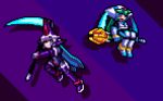  armor blue_background blue_hair brother_and_sister commentary energy_blade english_commentary green_hair helmet holding holding_scythe long_hair mega_man_(series) mega_man_zx model_w_(mega_man) pandora_(mega_man) pixel_art prometheus_(mega_man) purple_armor purple_background purple_helmet red_eyes scythe siblings simple_background skull-shaped_hat staff_riding vinicleidson white_armor white_helmet 
