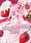  1girl balut_(7676i) bikini blood blood_halo blush bow breasts cleavage commentary_request content_rating cover cover_page doujin_cover english_text finger_to_mouth food fork frilled_bikini frilled_thigh_strap frills fruit full_body garter_straps gloves hair_between_eyes hair_bow hair_ornament hairclip halo highres large_breasts liquid_halo long_hair looking_at_viewer navel no_shoes o-ring o-ring_bikini on_plate original pink_eyes pink_hair plate red_bow red_ribbon ribbon sitting solo stomach strawberry swimsuit thigh_strap thighhighs twintails very_long_hair wariza whipped_cream white_bikini white_garter_straps white_gloves white_thighhighs 