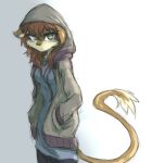  anthro black_nose bottomwear breasts brown_body brown_fur brown_hair cheek_tuft clothing facial_tuft felid female fur gradient_background green_eyes grey_background hair hands_in_pockets hi_res hoodie lilith_(tinygaypirate) long_hair looking_at_viewer mammal pants pockets shirt simple_background solo standing tail_tuft tinygaypirate topwear tuft 