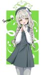  1girl absurdres aged_down alternate_breast_size_(smaller) blue_archive blush border braid collared_shirt diagonal-striped_clothes diagonal-striped_necktie dress flower_halo green_dress green_halo green_hat grey_hair grey_pantyhose halo hat highres katyusha.v long_hair looking_at_viewer low_twin_braids miyo_(blue_archive) miyo_(young)_(blue_archive) necktie open_mouth pantyhose pinafore_dress prototype_design shirt sleeve_cuffs sleeveless sleeveless_dress smile solo striped_clothes striped_necktie twin_braids white_border white_shirt yellow_eyes 