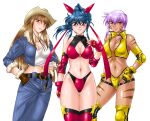  3girls black_hair bow breasts character_request cleavage cleavage_cutout clothing_cutout cowboy_hat dark_skin fingerless_gloves fur-trimmed_jacket fur_trim gloves hat jacket justice_asuka large_breasts long_hair manabe_jouji multiple_girls ponytail purple_eyes purple_hair red_bow ring_x_mama short_hair tan tiger_cat tiger_stripes violence_rose wrestling_outfit 