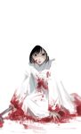  1girl artist_name black_eyes black_hair blending blood blood_on_clothes blood_on_face blood_on_ground blood_on_weapon blurry commentary depth_of_field english_commentary full_body highres holding holding_lead_pipe ink_(inkypyon) japanese_clothes kimono lead_pipe long_sleeves lower_teeth_only parted_lips partially_shaded_face seiza shimizu_hinako shiromuku short_hair silent_hill_(series) silent_hill_f simple_background sitting solo teeth twitter_username uchikake wataboushi weapon white_background white_kimono 