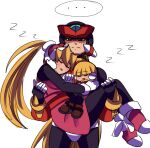  ... 1boy 2girls alouette_(mega_man) armor belt blonde_hair carrying carrying_person ciel_(mega_man) commentary cowboy_shot dress expressionless full_body gloves hair_between_eyes helmet high_heels mega_man_(series) mega_man_zero_(series) multiple_girls pink_dress ponytail raica_(khongbautroi) red_belt short_dress short_sleeves simple_background sleeping thighhighs turtleneck untranslatable_commentary white_background white_gloves zero(z)_(mega_man) zero_(mega_man) zzz 