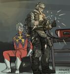  2boys artist_name battery boots call_of_duty call_of_duty:_modern_warfare_(2019) chair char_aznable electricity fallenspherell ghost_(modern_warfare_2) gundam headset helmet highres implied_torture knee_pads mask military_uniform mobile_suit_gundam multiple_boys signature skull_mask sunglasses table 