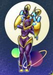  absurd_res alien alien_humanoid blue_body blue_skin dewstar_(artist) feet female flat_chested gold_(metal) hi_res humanoid long_ears multi_eye purple_body purple_skin solo space sploot_(unknownspy) 