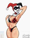  1girl absurdres artist_name batman_(series) black_bra black_lips black_panties blue_eyes bra breasts checkered_clothes cowboy_shot dc_comics deadraisdead domino_mask english_text eye_mask groin harley_quinn highres large_breasts lips lipstick looking_to_the_side makeup mask medium_breasts navel open_mouth panties red_bra red_panties simple_background smile solo stomach strap_pull sweat sweatdrop thighs twitter_username two-tone_bra two-tone_panties underwear white_background white_facepaint 