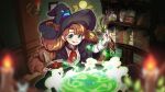  1girl ascot black_robe book bookmark bookshelf bottle braid brown_hair bubble cabinet candle cauldron commentary ellie_blueriver green_eyes hairband hat korean_commentary leaf little_witch_in_the_woods long_hair mandrake official_art picture_frame potion robe shirt smoke stitches talking_hat twin_braids witch witch_hat 