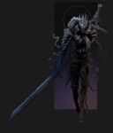  1boy alternate_form armor bandages commentary elden_ring elden_ring_nightreign english_commentary extra_arms full_armor full_body gradient_background great_rune_(elden_ring) greatsword grey_background halo hand_on_own_arm helmet heolstor_the_nightlord highres o'donnis sigil signature simple_background solo spiked_helmet standing sword sword_on_back triple_wielding walking_towards_viewer weapon weapon_on_back 