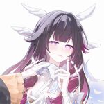  2girls black_hair blush bow bright_pupils closed_mouth columbina_(genshin_impact) commentary_request genshin_impact gloves hair_ribbon hand_up head_wings highres huanxiangfengmi09151 implied_yuri lipstick_mark lipstick_mark_on_face long_hair luonnotar_(genshin_impact) multicolored_hair multiple_girls out_of_frame purple_eyes purple_hair ribbon sandrone_(genshin_impact) simple_background streaked_hair two-tone_hair white_background white_bow white_gloves white_pupils white_ribbon white_wings wings 