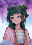  1girl artist_name beads blue_eyes blunt_bangs close-up closed_mouth colored_eyelashes double_bun earrings eyelashes eyeshadow flat_chest green_hair hair_beads hair_bun hair_ornament highres jewelry kusuriya_no_hitorigoto loemyn long_hair looking_to_the_side makeup maomao_(kusuriya_no_hitorigoto) necklace outdoors red_eyeshadow 