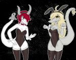 abstract_background absurd_res alternate_costume anthro black_clothing black_eyes black_legwear black_thigh_highs blonde_hair blush body_blush breast_blush breasts bunny_costume cavemanon_studios clothed clothed_anthro clothed_female clothing colored compsognathid compsognathus costume cuffs_(clothing) dinosaur duo embarrassed fake_ears fake_horns feathered_tail feathers female fingers fist freckled_arms freckled_breasts freckled_face freckled_legs freckled_tail freckles front_view frown gothgator0 grey_body hair hand_on_hip hi_res humanoid_hands judee legwear long_hair looking_at_another medium_breasts non-mammal_breasts patch_(fabric) portrait pose prehistoric_species puppet puppet_pals red_eyes red_hair reptile saurischian scalie schizo_chan_(snoot_game) shaded smile snoot_game standing tail tan_body tan_feathers theropod thigh_highs three-quarter_portrait troodon troodontid white_body yellow_sclera