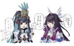  2girls black_hair blue_hair closed_eyes colored_inner_hair columbina_(genshin_impact) crossover fate/grand_order fate_(series) fuyotan genshin_impact grey_eyes head_wings headdress highres honda_mariko long_hair multicolored_hair multiple_girls ponytail purple_hair tenochtitlan_(fate) tenochtitlan_(third_ascension)_(fate) voice_actor_connection white_background wings 