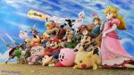  3d 5girls 6+boys :d absurdres arm_cannon armor armored_boots artist_name beak bird_boy black_eyes blonde_hair blue_eyes blue_hair blue_overalls blue_sky blue_tunic boots bottle bowser bracer brooch brown_hair captain_falcon champion's_tunic_(zelda) clenched_teeth cloud commentary crossed_arms crown dinosaur doctor donkey_kong donkey_kong_(series) dr._mario dragon dress dual_persona earrings elbow_gloves english_commentary f-zero facial_hair falchion_(fire_emblem) falco_lombardi fire_emblem fire_emblem:_mystery_of_the_emblem fire_emblem:_the_binding_blade floating fox_boy fox_mccloud full_armor furry furry_male game_&amp;_watch ganondorf gerudo gloves gorilla green_eyes green_tunic group_picture hammer hand_on_own_chin hand_on_own_hat hand_on_own_hip headband headlamp headset helmet high_heels highres holding holding_bottle holding_hammer holding_sword holding_weapon hood hood_up horns hylian_(language) hylian_(ocarina_of_time) ice_climber jewelry jigglypuff juliet_sleeves kirby_(series) link long_dress long_hair long_sleeves luigi lying mario mario_(series) marth_(fire_emblem) metroid mewtwo milk mittens mother_(series) mother_2 mr._game_&amp;_watch multiple_boys multiple_girls mustache nana_(ice_climber) necktie ness_(mother_2) on_stomach open_mouth overalls parka pichu pikachu pink_dress pointy_ears pokemon pokemon_(creature) popo_(ice_climber) power_suit power_suit_(metroid) princess_peach princess_zelda puffy_sleeves reckoman red_hair red_necktie reflector_(star_fox) ring roy_(fire_emblem) samus_aran scarf sharp_teeth sheik sheikah short_hair shoulder_armor sideways_hat sky smile spikes star_fox stethoscope super_smash_bros. sword tail teeth the_legend_of_zelda the_legend_of_zelda:_breath_of_the_wild the_legend_of_zelda:_ocarina_of_time tiara tunic turban turtle_shell varia_suit weapon white_gloves yoshi young_link 