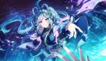  1girl aqua_hair elf epsilon_(kagejitsu) highres idol idol_clothes kage_no_jitsuryokusha_ni_naritakute! kage_no_jitsuryokusha_ni_naritakute!_master_of_garden long_hair looking_at_viewer official_art out_of_frame pointy_ears purple_eyes solo_focus tagme third-party_source twintails 