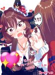  !? animal_ears blush breasts brown_hair commentary_request ear_covers embarrassed female_trainer_(umamusume) gentildonna_(casual)_(umamusume) gentildonna_(umamusume) heart heart-shaped_ornament heart_ear_ornament heart_necklace heart_pendant highres holding_hands horse_ears horse_girl jewelry large_breasts mika_(knntw66) necklace open_mouth red_eyes sparkling_heart_emoji spoken_interrobang trainer_(umamusume) umamusume white_background yuri 