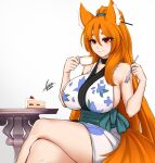 2019 absurd_res airisubaka animal_humanoid big_breasts breasts cake canid canid_humanoid canine canine_humanoid clothed clothing container crossed_legs cup cutlery dessert eyebrows eyelashes female food fork fox_humanoid hair hi_res huge_breasts humanoid kitchen_utensils long_hair mammal mammal_humanoid orange_hair red_eyes solo tea_cup tools