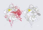  1girl baseball_bat blood charlotte_wiltshire colored_blood commentary_request floating_hair hello_charlotte highres holding holding_baseball_bat long_hair multiple_views neckerchief pink_blood schwarzald shirt shoes skirt thighhighs very_long_hair white_background white_hair white_shirt white_shoes white_skirt white_thighhighs yellow_neckerchief 