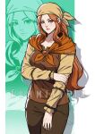  1girl absurdres artist_name bandana border breasts brooch brown_pants brown_tunic character_request closed_mouth clothing_request collarbone commission cowboy_shot fire_emblem fire_emblem_fates green_eyes hand_on_own_arm highres jewelry lips long_hair long_sleeves looking_at_viewer medium_breasts neckerchief orange_hair orange_neckerchief oyenpaws pants simple_background solo tunic watermark white_border zoom_layer 