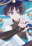  1boy absurdres anemo_symbol_(genshin_impact) armor black_bodysuit black_bow black_bridal_gauntlets black_hair blue_cape blue_gem blue_hat blue_jingasa blue_kimono blue_sleeves blunt_ends bodysuit bow bridal_gauntlets bright_pupils cape choppy_bangs commentary_request covered_collarbone eyeliner fingernails gem genshin_impact gold gold_ring grey_background grin hand_up hat highres japanese_armor japanese_clothes jingasa juban kimono kote kurokote layered_sleeves looking_at_viewer makeup male_focus mandarin_collar middle_ring mimiko_(nekonekomiruo) open_clothes open_hand open_kimono pom_pom_(clothes) portrait purple_eyes purple_rope purple_sash red_eyeliner rope sash scaramouche_(genshin_impact) short_sleeves shoulder_peek side_cape smile solo tsurime uneven_eyes wanderer_(genshin_impact) watermark white_kimono white_pupils white_sleeves 