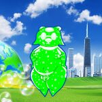 1:1 anthro bear belly breasts bubble city city_background earth female frutiger_aero frutigooner genitals giant_panda glass glistening glistening_body green_body gynomorph intersex mammal mei_(frutigooner) overweight overweight_female penis planet pubes_exposed shortstack shortstack_female sky solo thick_thighs trans_(lore) trans_woman_(lore) water
