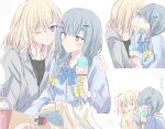  2girls 55ddee animal_ears bang_dream! bang_dream!_it's_mygo!!!!! blonde_hair blue_hair blue_shirt blush braid cake cat_ears cat_girl cup disposable_cup dog_ears dog_girl dog_tail drinking_straw food fruit grey_jacket gyaru holding holding_ice_cream_cone ice_cream_cone jacket kemonomimi_mode kiss long_hair medium_hair misumi_uika multiple_girls one_eye_closed open_mouth purple_eyes shirt strawberry tail togawa_sakiko twin_braids yellow_eyes yuri 