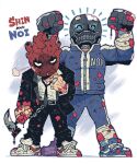  1boy 1girl absurdres arm_wrap blood blood_on_clothes blood_on_hand collared_shirt deltoids dorohedoro formal_clothes gloves hammer heart_(organ) highres holding holding_weapon jacket jersey jewelry looking_at_viewer loose_necktie mask muscular muscular_female necktie noi_(dorohedoro) pants rariatto_(ganguri) shin_(dorohedoro) shirt simple_background stitched_arm stitched_fingers stitched_hand stitches suit tall_female triceps weapon white_shirt 