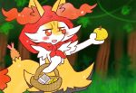 2022 ambiguous_anthro ambiguous_gender annyui0611 anthro arm_out basket biped blush braixen canid container detailed_background digital_drawing_(artwork) digital_media_(artwork) dipstick_tail fairy_tales food forest_background front_view fruit generation_6_pokemon grass half-length_portrait hi_res holding_basket holding_container holding_food holding_fruit holding_object holding_pear japanese_description little_red_riding_hood_(copyright) mammal markings money nintendo object_in_tail open_mouth open_smile outside pear perspective-incorrect_texturing plant pokemon pokemon_(species) portrait shrimp_(food) smile snout solo standing tail tail_markings three-quarter_view translated_description tree