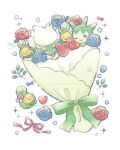  blue_flower blue_rose blush bouquet bow budew closed_eyes commentary_request facing_viewer flower highres looking_at_viewer no_humans one_eye_closed pokemon pokemon_(creature) pokemon_focus red_bow red_flower red_ribbon red_rose ribbon rose roselia_(pokemon) roserade simple_background smile sparkle temariame14 twitter_username watermark white_background 