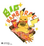  >_< blanket blush_stickers bread_bun burger cheese closed_eyes commentary_request commission copyright_logo cup disposable_cup drinking_straw eating english_text food french_fries highres ketchup_packet lettuce logo next_pluto no_humans pikachu pokemon pokemon_(creature) pokemon_focus signature simple_background sitting sparkle tomato twitter_username white_background 
