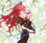  1boy black_pants black_shirt cowboy_shot floating_hair floating_ribbon flower from_above high_ponytail highres lingcod_dayu open_mouth original pants petals ponytail red_eyes red_hair shirt solo white_flower 