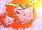  :d absurdres closed_mouth cloud commentary_request flying happy highres hoppip no_humans orange_sky pokemon pokemon_(creature) pokemon_focus silverstars136 sky smile yellow_eyes 