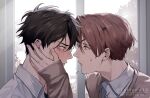 2boys black_hair blush brown_sweater closed_mouth commentary english_commentary face-to-face fingernails from_side hand_on_another's_cheek hand_on_another's_face highres indoors latteoo16 male_focus multicolored_hair multiple_boys sakura_haruka_(wind_breaker) shirt short_hair split-color_hair suo_hayato sweater twitter_username two-tone_hair white_hair white_shirt wind_breaker_(nii_satoru) window yaoi 
