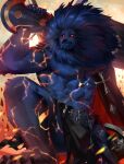  1boy abs animal_ears bara barefoot black_sclera chengen_ce claws closed_mouth colored_sclera commentary fate/grand_order fate_(series) furry furry_male glowing glowing_eyes highres holding holding_sword holding_weapon lion_boy lion_ears lion_mane looking_at_viewer male_focus muscular muscular_male over_shoulder pectorals red_eyes richard_i_(fate) richard_i_(third_ascension)_(fate) sword topless_male weapon weapon_over_shoulder 