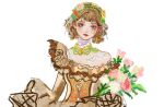  absurdres blue_eyes bouquet brown_dress brown_hair brown_headscarf chinese_commentary closed_mouth collar commentary_request detached_collar dress drill_hair eyelashes eyeshadow flower gem gown hai_jiao_xingxing hair_flower hair_ornament hair_ribbon headscarf high_collar highres holding holding_bouquet infinity_nikki lace_collar leaf light_smile lipstick long_sleeves makeup nikki_(series) off-shoulder_dress off_shoulder pink_flower pink_rose red_eyeshadow red_lips ribbon rose short_hair simple_background single_bare_shoulder single_off_shoulder sleeves_past_fingers sleeves_past_wrists stylist_(nikki) sunflower white_background white_collar white_flower white_ribbon white_rose wide_sleeves yellow_flower yellow_gem 