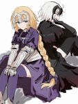 2girls ahoge armor armored_boots back-to-back black_armor black_capelet black_dress black_thighhighs blonde_hair blue_eyes boots bow braid capelet chain closed_mouth dress dual_persona fate/grand_order fate_(series) feet_out_of_frame from_behind gauntlets hair_between_eyes hair_bow half-closed_eyes hand_on_own_face hand_up hands_on_own_knees headpiece high_heel_boots high_heels highres jeanne_d'arc_(fate) jeanne_d'arc_(ruler)_(fate) jeanne_d'arc_alter_(avenger)_(fate) jeanne_d'arc_alter_(fate) juliet_sleeves long_hair long_sleeves looking_at_another low-braided_long_hair low-tied_long_hair multiple_girls nekwnek pale_skin puffy_sleeves purple_bow purple_capelet purple_dress purple_thighhighs shadow short_hair simple_background single_braid sitting smile thighhighs torn_capelet torn_clothes very_long_hair white_armor white_background white_hair yellow_eyes 