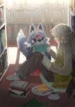  00_kuya 1girl 1other absurdres blue_eyes blue_fur blue_socks body_fur book book_on_lap bookshelf braid brown_pants claws coffee coffee_mug commentary cup digimon digimon_(creature) dress english_commentary fangs food forehead_jewel fork green_dress grey_hair grey_shirt half_up_braid highres holding holding_book long_hair long_sleeves loogamon looking_at_another mouth_hold mug oc_x_canon on_ground open_book open_mouth original pants pie pie_slice pile_of_books plate reading red_claws red_eyes saucer shirt shoes single_sleeve_past_wrist sitting smile sneakers socks spaghetti_strap strap tail white_shoes window_shadow wolf 