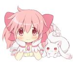  1girl :3 absurdres blush bow choker closed_mouth commentary_request dress frilled_dress frilled_sleeves frills gloves hair_between_eyes hair_bow head_rest highres hitode kaname_madoka kaname_madoka_(magical_girl) kyubey lying magical_girl mahou_shoujo_madoka_magica mahou_shoujo_madoka_magica_(anime) on_stomach pink_bow pink_choker pink_dress pink_eyes pink_hair puffy_short_sleeves puffy_sleeves short_hair short_sleeves short_twintails simple_background smile twintails white_background white_gloves 