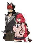  1boy 1girl animal animal_ear_fluff animal_ears animal_on_back black_gloves black_hair black_jacket braid cardigan chest_bow cowboy_shot dog_boy dog_ears fingerless_gloves gloves green_eyes hair_ornament hand_in_pocket highres jacket jewelry komano_manato leaf_in_mouth long_hair looking_at_viewer multicolored_hair multiple_scars necklace pectorals pink_cardigan popochi_fuwa raccoon red_eyes red_hair scar scar_across_eye scar_on_chest scar_on_face shirt short_hair simple_background smile sphere_hair_ornament spiked_jacket tanuki ukinami_yuzuha v very_long_hair white_background white_shirt zenless_zone_zero 