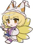  1girl animal_on_hand blonde_hair blue_tabard blush cat chibi chibi_only dress fox_girl fox_tail full_body hat kitsune long_sleeves mirei_(miirei) mob_cap no_shoes open_mouth short_hair simple_background socks solo standing tabard tail touhou transparent_background white_dress white_hat white_socks yakumo_ran yellow_eyes 