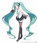  1girl :d ;d absurdly_long_hair absurdres aqua_eyes aqua_hair aqua_nails aqua_ribbon arm_tattoo artist_name black_shoes black_skirt black_sleeves black_thighhighs commentary_request company_name copyright_notice detached_sleeves figure_available fingernails full_body hair_between_eyes hatsune_miku hatsune_miku_(nt) highres ixima long_hair long_sleeves merchandise_available nail_polish neck_ribbon number_tattoo official_art one_eye_closed piapro_studio pleated_skirt ribbon second-party_source shirt shoes simple_background skirt smile solo standing tattoo thighhighs twintails very_long_hair vocaloid web_address white_background white_shirt 
