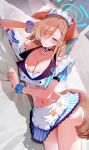  1girl animal_ears apron arm_rest asuna_(blue_archive) black_choker blonde_hair blue_archive blue_eyes blue_halo blue_nails blue_ribbon blue_scrunchie blush breasts choker chongchongbao_mushi cleavage closed_mouth collarbone commentary_request crop_top elbow_rest fake_animal_ears frilled_skirt frills hair_over_one_eye hair_ribbon halo head_on_hand head_rest highres large_breasts long_hair looking_at_viewer lying maid_headdress miniskirt nail_polish navel on_bed on_side paw_print puffy_short_sleeves puffy_sleeves ribbon scrunchie short_sleeves skirt smile solo tail thighs very_long_hair waist_apron wrist_scrunchie 